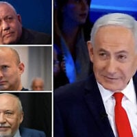 Le Premier ministre Benjamin Netanyahu (à droite) interviewé sur la Quatorzième chaîne, pro-gouvernement, le 13 octobre 2026. (Crédit : Capture d’écran) ; (à gauche, de haut en bas) Gadi Eisenkot, président du parti Yashar, lors d’une conférence destinée aux jeunes à Jérusalem, le 11 octobre 2026. (Crédit : Yonatan Sindel/Flash90) ; l’ancien Premier ministre Naftali Bennett, président du parti Beyahad, à Herzliya, le 23 septembre 2026. (Crédit : Avshalom Sassoni/Flash90) ; le président du parti Yisrael Beytenu, Avigdor Liberman. (Crédit : Gili Yaari/Flash90)