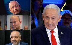 Montage photo : Le Premier ministre Benjamin Netanyahu ; Gadi Eisenkot, chef du parti Yashar ; l’ancien Premier ministre et chef du parti Beyahad Naftali Bennett ; le chef d’Yisrael Beytenu Avigdor Liberman. (Crédits : Capture d’écran ; Yonatan Sindel/Flash90 ; Avshalom Sassoni/Flash90 ; Gili Yaari/Flash90)