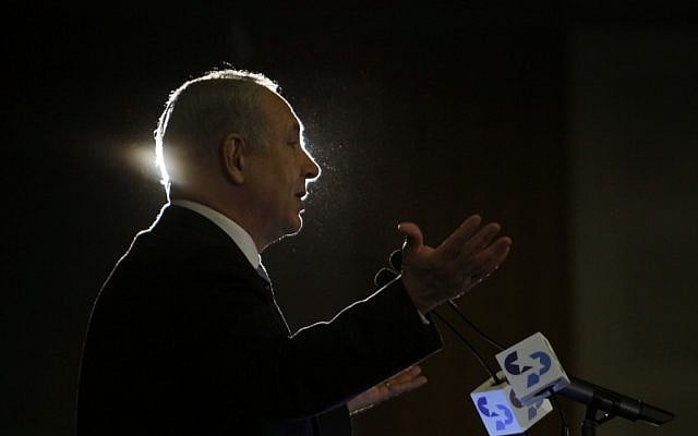 Benjamin Netanyahu speaking Sunday night. (photo credit: Uri Lenz/Flash90)