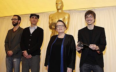 Filmmakers hoping for the Best Foreign Language Film award, including Joseph Cedar (second from left) at a pre-Oscars ceremony (photo credit: AP/Matt Sayles)