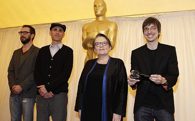 Filmmakers hoping for the Best Foreign Language Film award, including Joseph Cedar (second from left) at a pre-Oscars ceremony (photo credit: AP/Matt Sayles)