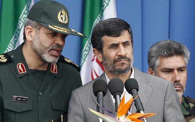 Iranian Defense Minister, Gen. Ahmad Vahidi (left), pictured with President Mahmoud Ahmadinejad during a 2010 army parade (photo credit: AP Photo/Vahid Salemi) Iranian Defense Minister, Gen. Ahmad Vahidi (left), pictured with President Mahmoud Ahmadinejad during a 2010 army parade (photo credit: AP Photo/Vahid Salemi)