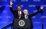 President Barack Obama and AIPAC President Lee Rosenberg wave to the crowd gathered at the AIPAC convention in Washington in May 2011. (photo credit: AP/Jose Luis Magana)