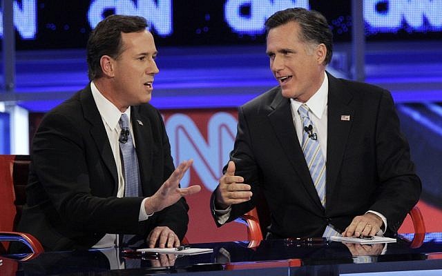 Rick Santorum (left) and Mitt Romney will join Newt Gingrich in addressing AIPAC (photo credit: AP/Jae C. Hong)