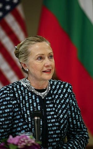 US Secretary of State Hillary Clinton called for extra-UN action against Assad while visiting Sofia, Bulgaria (photo credit: AP/Jodi Hilton)