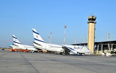 Illustrative photo of El Al planes at Ben-Gurion Airport (Shay Levi/Flash90)