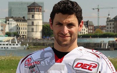 Evan Kaufmann, a US-born hockey player whose great-grandparents were killed in the Holocaust, is now representing the German national team. (Photo credit: Courtesy Eishockey Magazin via JTA)
