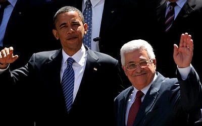US President Barack Obama, left, and Palestinian Authority President Mahmoud Abbas in 2008 (photo credit: Issam Rimawi/Flash90/File)