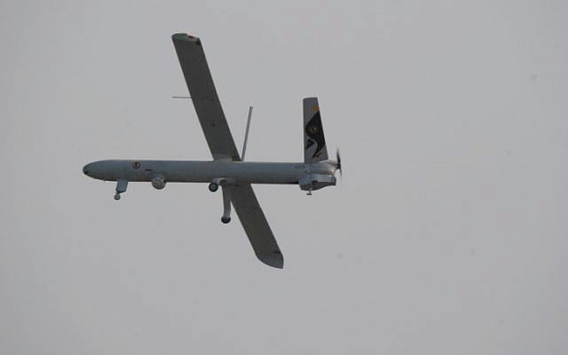 American Unmanned Aerial Vehicles (UAVs), like this IAF Hermes 450, are flying surveillance sorties over Syria. (photo credit: Tsahi Ben-Ami/Flash 90)