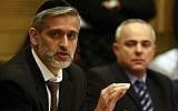 Eli Yishai (left) and Yuval Steinitz at a hearing about the Carmel fire, February 2010 (photo credit: Abir Sultan / Flash90)
