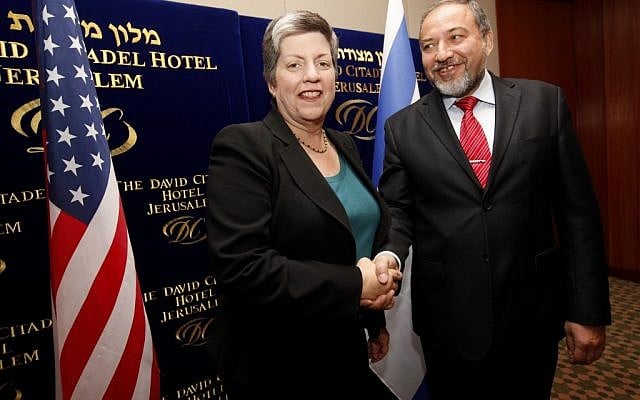 US Homeland Security Secretary Janet Napolitano with Foreign Minister Avigdor Lieberman in Jerusalem, January 2011 (photo credit: Miriam Alster/Flash 90) US Homeland Security Secretary Janet Napolitano with Foreign Minister Avigdor Lieberman in Jerusalem, January 2011 (photo credit: Miriam Alster/Flash 90)