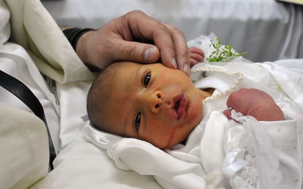 Illustrative photo of an 8-day-old baby boy being prepared for his circumcision. (Serge Attal/Flash90)