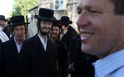 Trying to build trust. Barkat speaks with ultra-Orthodox Jerusalemites ahead of Succot last October. (photo credit: Kobi Gideon/Flash90)