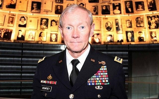 Martin Dempsey at Yad Vashem in January (photo credit: Isaac Harari/Flash90)