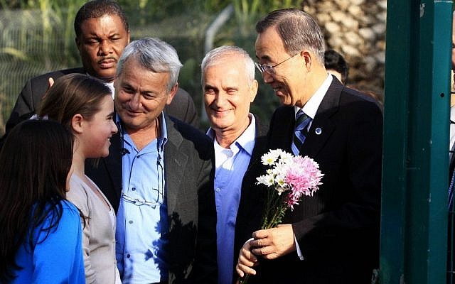 UN Secretary General Ban Ki-moon (right) greeted by locals during a recent visit to Israel (Edi Israel/Flash90)