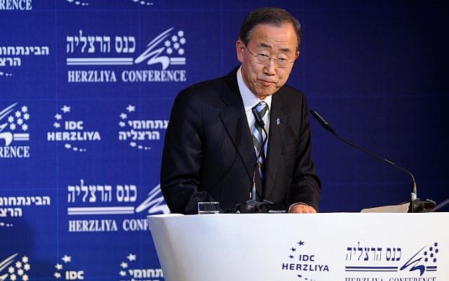 UN Secretary-General Ban Ki-moon, speaks during the Herzliya Conference  (photo credit: Gili Yaari/Flash 90)