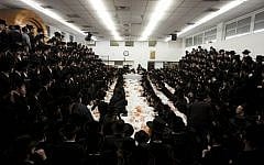 Ultra-Orthodox students at a recent Tu Bishvat feast (photo credit: Yonatan Sindel/Flash 90)