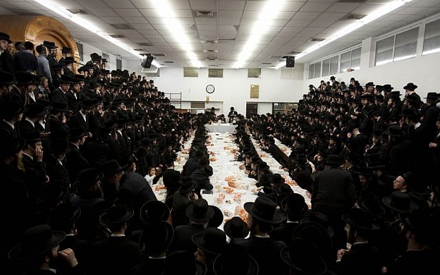 Ultra-Orthodox students at a recent Tu Bishvat feast (photo credit: Yonatan Sindel/Flash 90)
