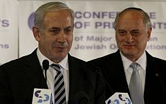 Prime Minister Benjamin Netanyahu and Malcolm Hoenlein at the Conference of Presidents of Major Jewish Organizations. (Uri Lenz/Flash90)