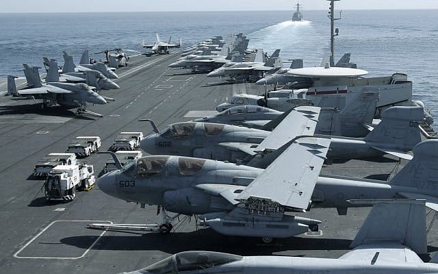 The flight deck of the USS Abraham Lincoln as it patrols the Persian Gulf (photo credit: AP/Hassan Ammar) The flight deck of the USS Abraham Lincoln as it patrols the Persian Gulf (photo credit: AP/Hassan Ammar)