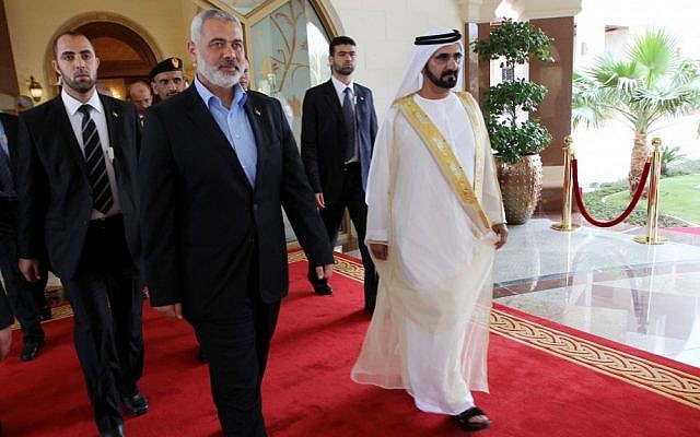 Senior Hamas official Ismail Haniyeh walks the red carpet in Abu Dhabi (Mohammed Al-Ostaz/Flash90)