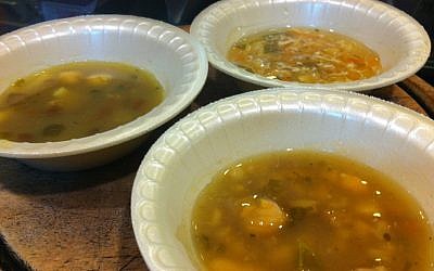 Three soup tasters at Marakei and Felafel Gabai (photo credit: Michal Shmulovich, Times of Israel)