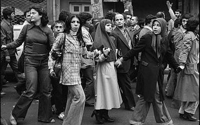 Youngsters partaking in Iran's Islamic Revolution in 1979 (photo credit: CC-BY-David Burnett parsine.com, Wikimedia Commons)
