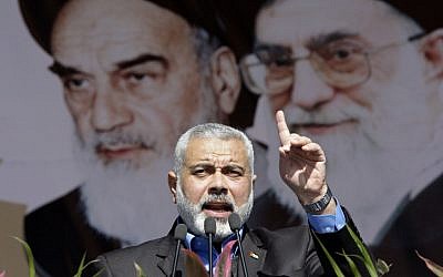 Hamas Prime Minister Ismail Haniyeh delivers a speech at a rally in Tehran in February. (photo credit: AP/Vahid Salemi)