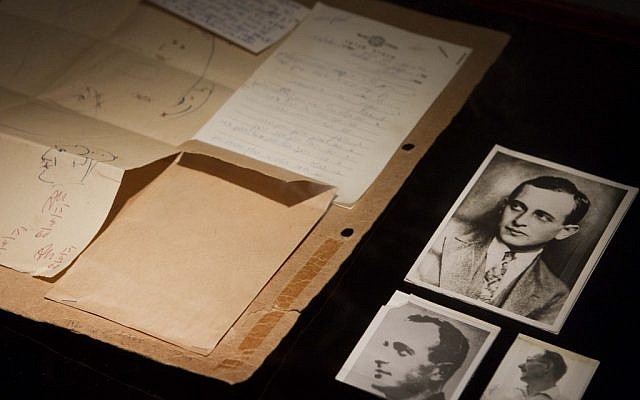 A photograph of Ricardo Klement, right, used by forensics experts to compare and identify Adolph Eichmann, left and top, are part of the display (photo credit: AP/Dan Balilty)