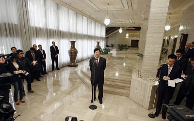 Chinese Vice Foreign Minister Zhai Jun speaks to the media in Damascus. (photo credit: AP)