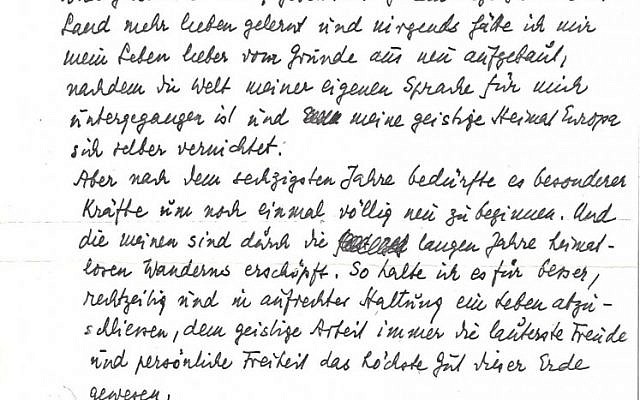 Stefan Zweig wrote hundreds of thousands of words in a celebrated literary career. His suicide note, penned at the height of WWII, took up less than one page. (photo credit: Courtesy of the National Library of Israel)
