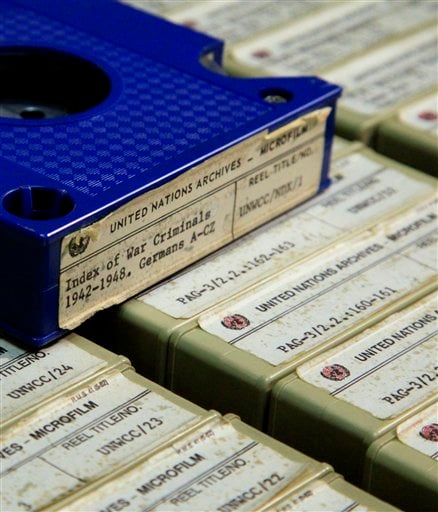 A section of the 184 reels of microfilm of transferred documents of World War II criminals, which are kept in a locked room in a building near the U.N. complex in New York, is shown during a special tour on Thursday, Feb. 23, 2012.  British and American researchers are campaigning to make public a huge but little known U.N. archive documenting 10,000 cases against accused World War II criminals, from Adolf Hitler to a Japanese commander convicted of inciting rape. (photo credit: AP Photo/Bebeto Matthews)