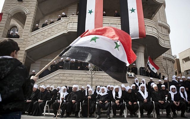 A pro-Assad demonstration in Majdal Shams in the Golan Heights this month (photo credit: Matanya Tausig/Flash90)