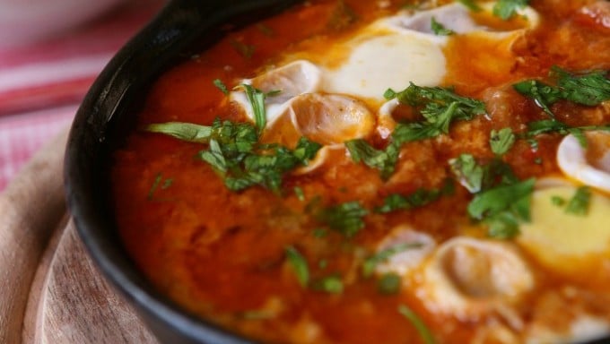 Shakshouka, piping hot (photo credit: Liron Almog/Flash90)