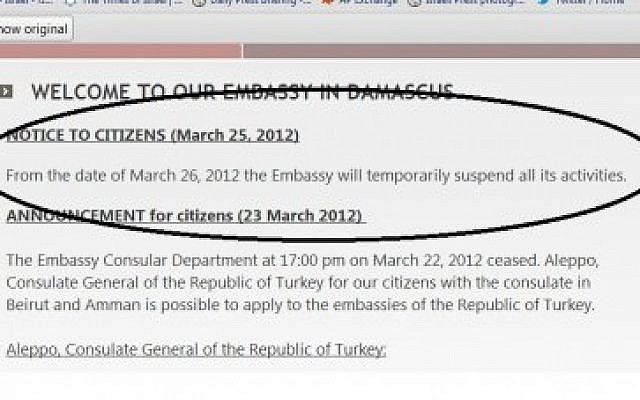 A screen shot of the Turkish embassy's announcement on Sunday A screen shot of the Turkish embassy's announcement on Sunday