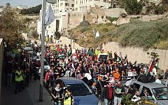 Protesters marching in Jaffa as part of Land Day on Saturday. (photo credit: @justjerusalem, Twitter)
