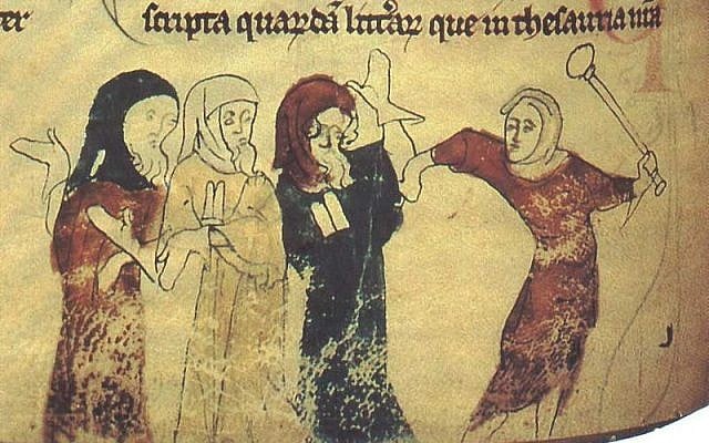 Marginal Illustration from the Chronicles of Offa (British Library, Cotton Nero D. I.), folio 183v, Jews being persecuted. Illustration by Matthew Paris. Scanned from Four Gothic Kings, Elizabeth Hallam, ed. (photo credit: Wikimedia Commons)