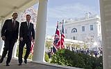 President Barack Obama, left, and British Prime Minister David Cameron at the White House, March 2012 (photo credit: AP/Pablo Martinez Monsivais)