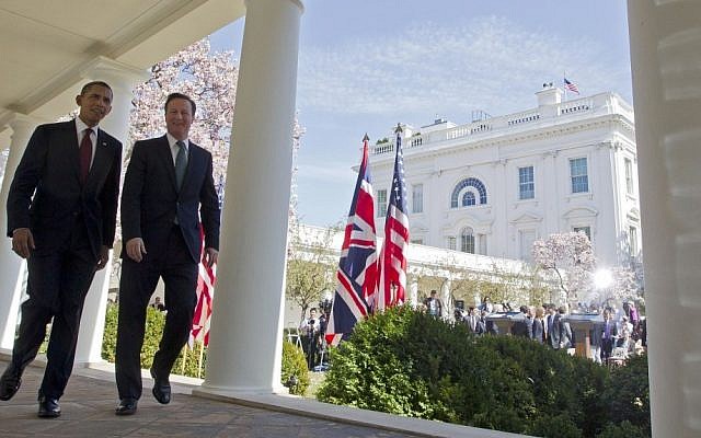 President Barack Obama, left, and British Prime Minister David Cameron at the White House, March 2012 (photo credit: AP/Pablo Martinez Monsivais) President Barack Obama, left, and British Prime Minister David Cameron at the White House, March 2012 (photo credit: AP/Pablo Martinez Monsivais)