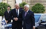 Former prime minister Ehud Olmert meets with Palestinian Authority President Mahmoud Abbas in Paris in 2008 (photo credit: Thaer Ganaim/Flash90)