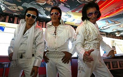 Elvis Presley impersonators perform in a restaurant near Jerusalem to commemorate the 31th anniversary since Elvis Presley's death (photo credit: Olivier Fitoussi /Flash 90)