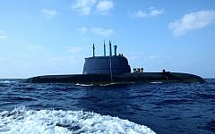 Illustrative: An Israeli Navy Dolphin class submarine, which foreign press reports have claims is capable of launching nuclear weapons, sails off the coast of Haifa. (Moshe Shai/Flash90)