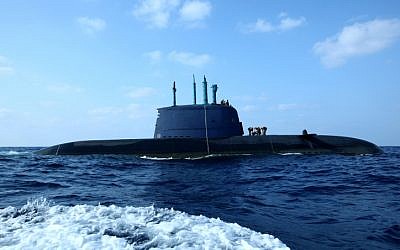 Illustrative: An Israeli Navy Dolphin class submarine, which foreign press reports have claims is capable of launching nuclear weapons, sails off the coast of Haifa. (Moshe Shai/Flash90)