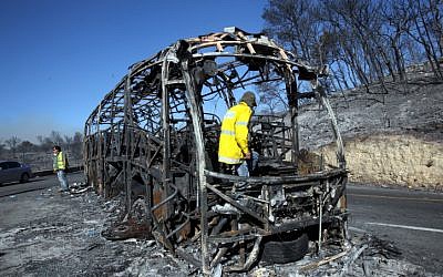 The remains of the bus in which 37 prison training officers and cadets died (photo credit: Yossi Zamir/Flash 90)