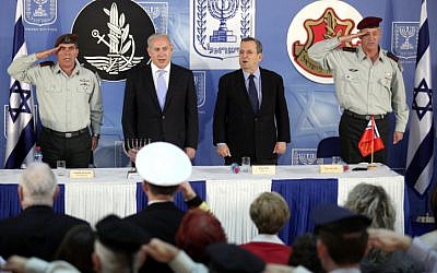 (left to right) Lt. Gen. Ashkenazi, Prime Minister Netanyahu and Defense Minister Barak at the swearing-in of current IDF Chief of Staff Lt. Gen. Benny Gantz (photo credit: Abir Sultan: Flash90)