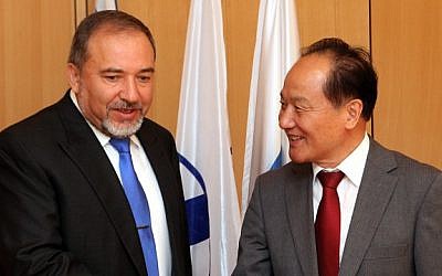 Chinese envoy to the Middle East Wy Sike meets with Israeli Foreign Minister Avigdor Lieberman in March (photo credit: Yossi Zamir/Flash 90)