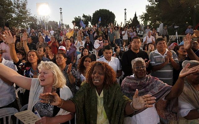 Christian evangelicals participate in the International Day of Prayer for the Peace of Jerusalem last October (photo credit: Miriam Alster/Flash90)