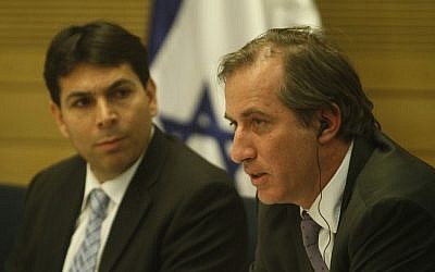 France’s ambassador to Israel Christophe Bigot, with MK Danny Danon, in the Knesset in January. (photo credit: Uri Lenz/Flash90)