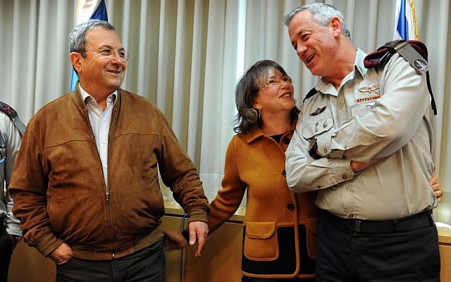 Left to right: Defense Minister Ehud Barak and his wife Nili Priel with Chief of staff Benny Gantz (photo credit: Ariel Hermoni/ministry of defense/Flash90) Left to right: Defense Minister Ehud Barak and his wife Nili Priel with Chief of staff Benny Gantz (photo credit: Ariel Hermoni/ministry of defense/Flash90)