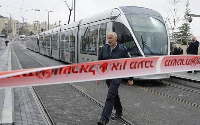 The scene of a stabbing attack on the Jerusalem Light Rail on March 15, 2012 (photo credit: Uri Lenz/Flash90)